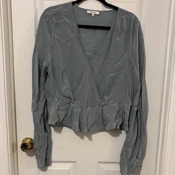 Madewell Satin Peplum Wrap Top in Dusty Blue size 10 - Picture 3 of 8